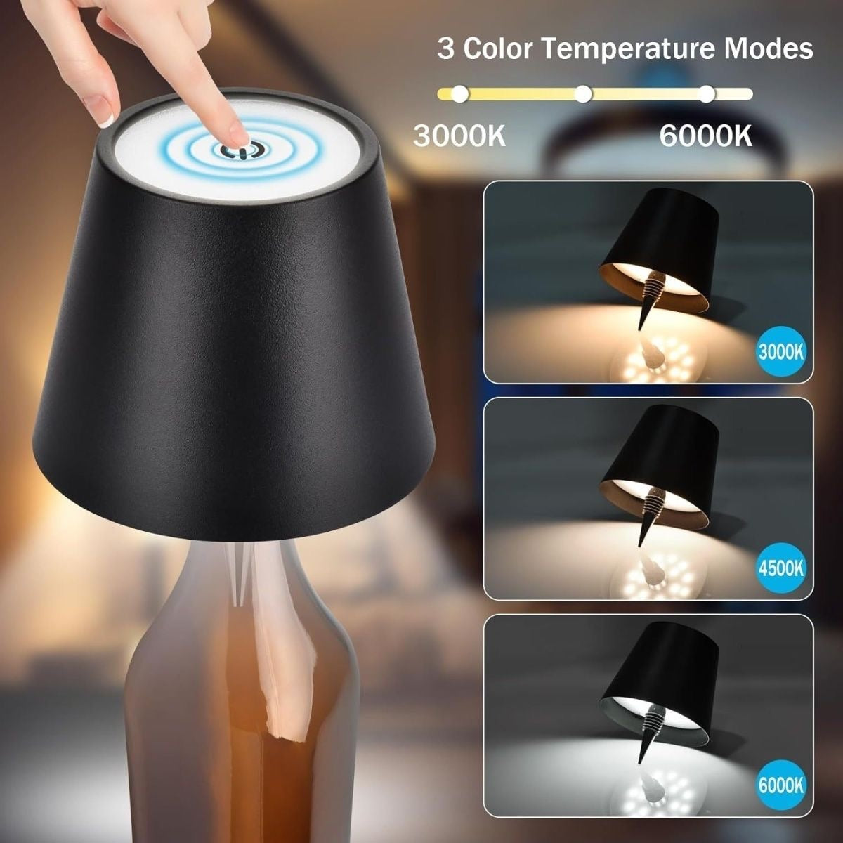 Touch Lamp Wireless Bottle Lampshade LED Wireless Charging with 3 Dimming Modes